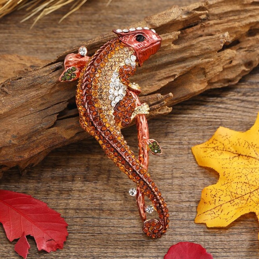 Brown Rhinestone Lizard Pin Broach - Picture 1 of 2
